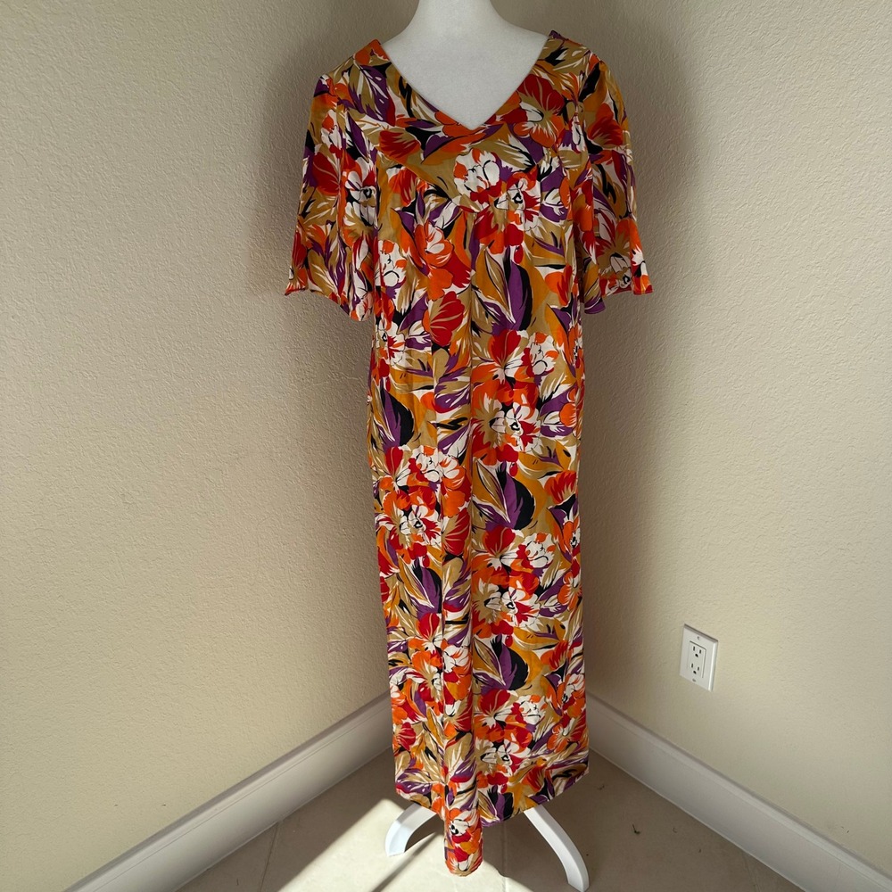 Sears Muu Muu Dress Women M Orange Floral Boho Maxi Lounger Vintage 70s Style - Picture 1 of 7